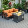 Leisuremod Chelsea 3-Piece Sectional Loveseat and Fire Pit Table Set Black Aluminum with Orange Cushions CSFCBL-2OR